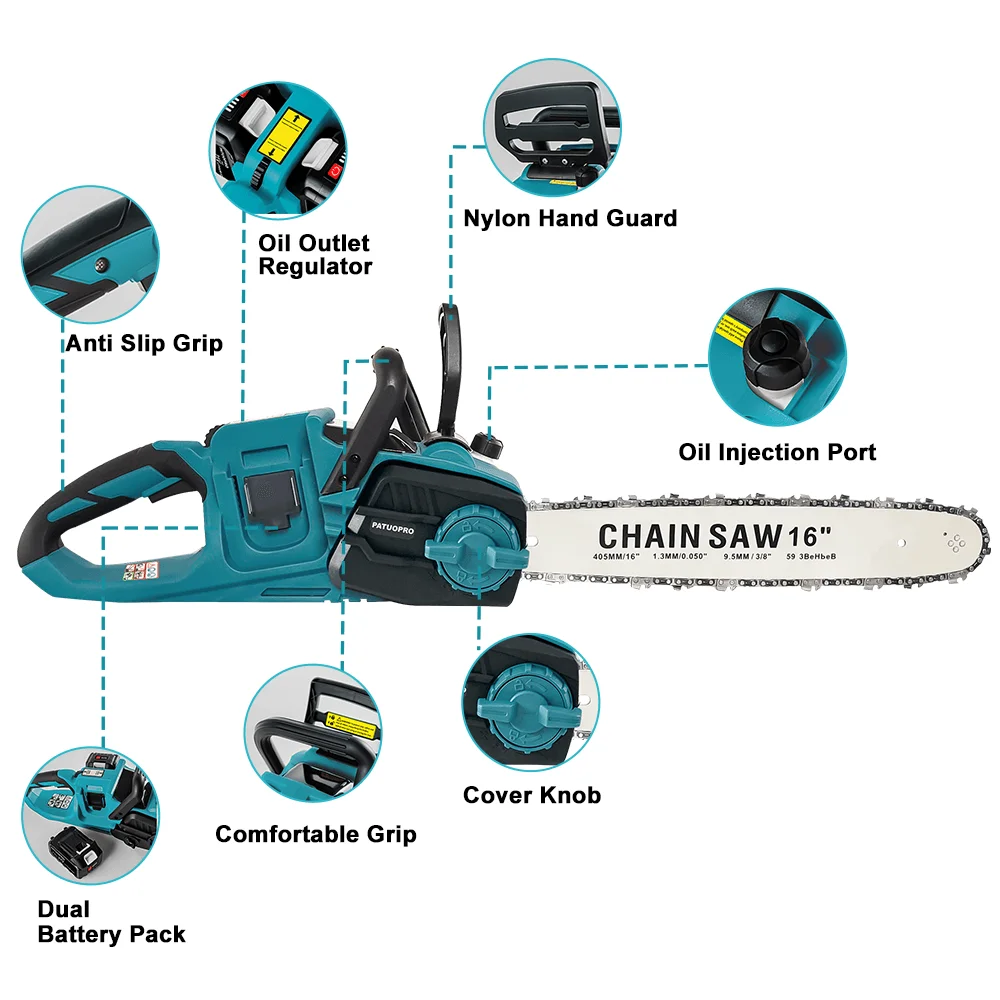 16" Brushless Cordless Chainsaw – 18V Slide Battery Compatible – Rechargeable Handheld Wood Cutting Tool
