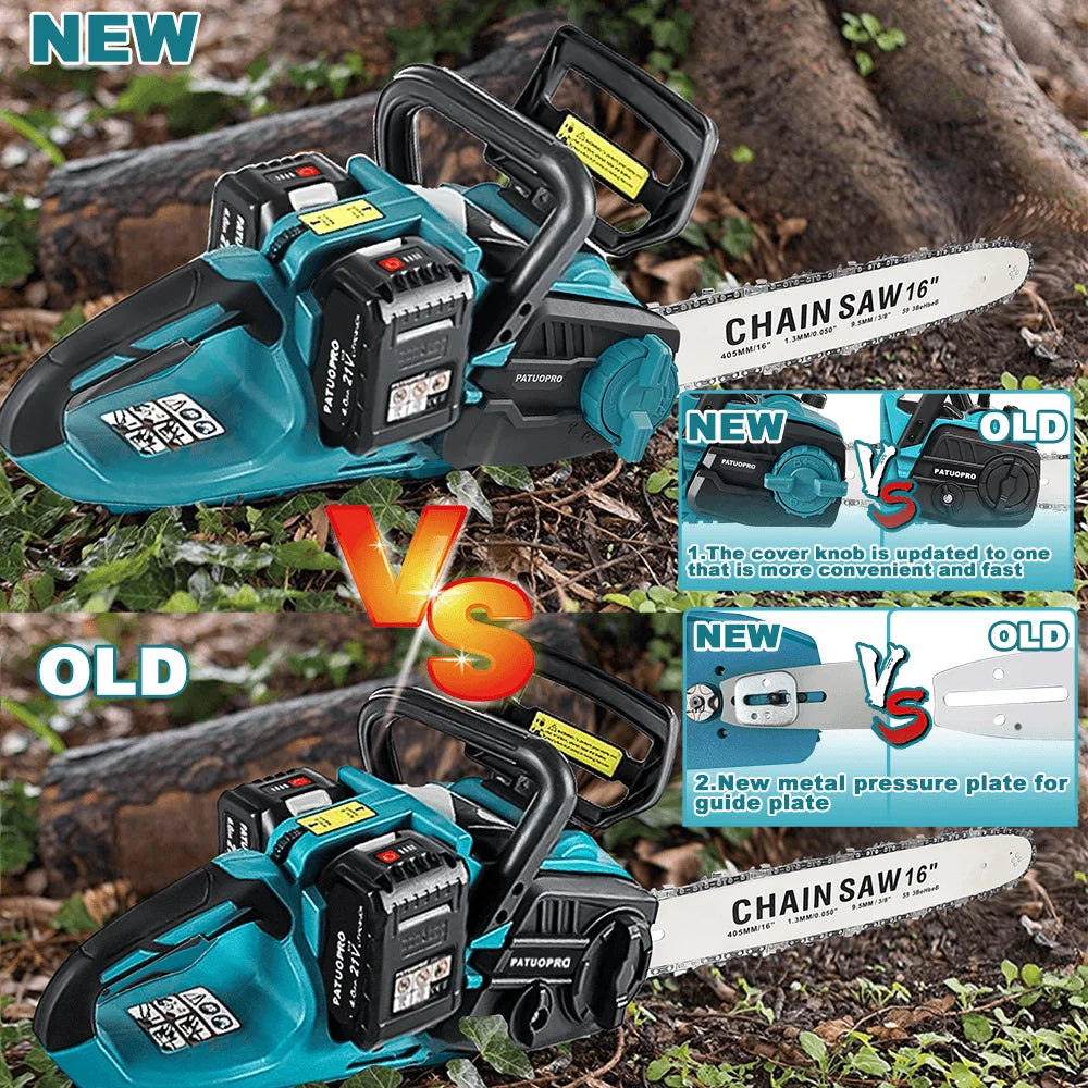 16" Brushless Cordless Chainsaw – 18V Slide Battery Compatible – Rechargeable Handheld Wood Cutting Tool