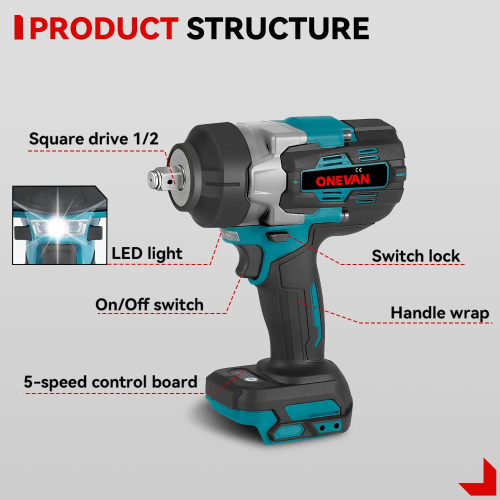 1/2″ Brushless Cordless Impact Wrench – High-Torque Electric Power Tool for Nut & Bolt Removal
