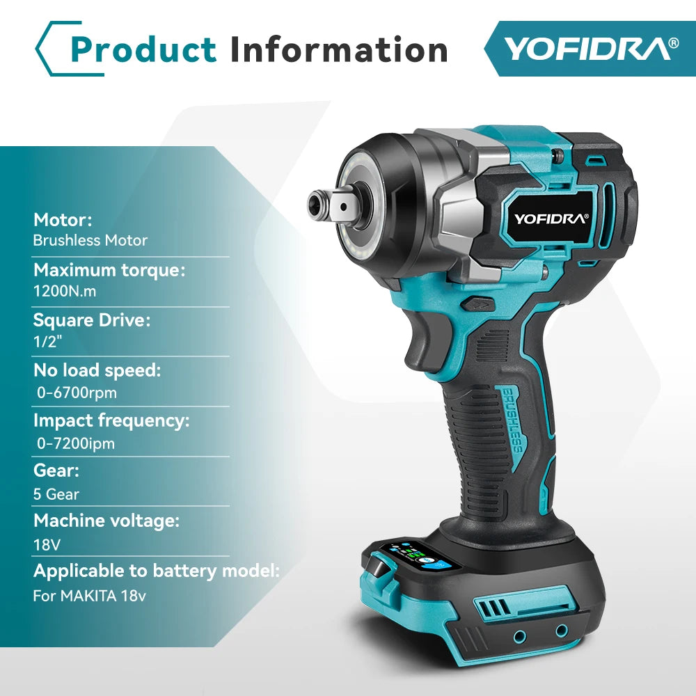 1200 N·m Brushless Cordless Impact Wrench – 1/2″ Drive, 5-Gear High-Torque Power Tool.