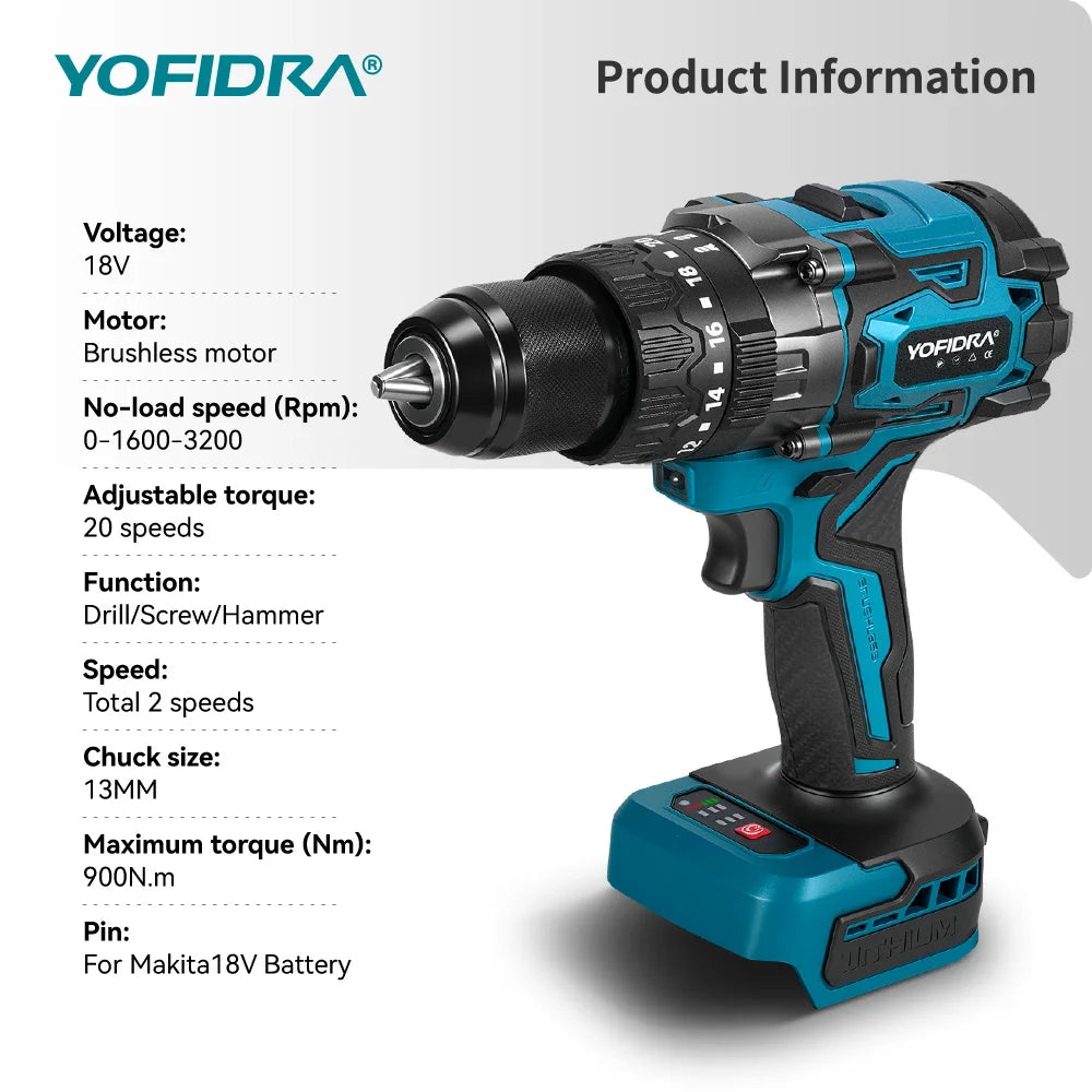 900 N·m Brushless Cordless Impact Drill – 13 mm High-Torque Drilling & Driving Tool.