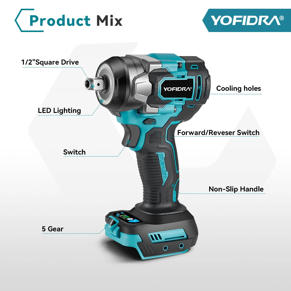 1200 N·m Brushless Cordless Impact Wrench – 1/2″ Drive, 5-Gear High-Torque Power Tool.